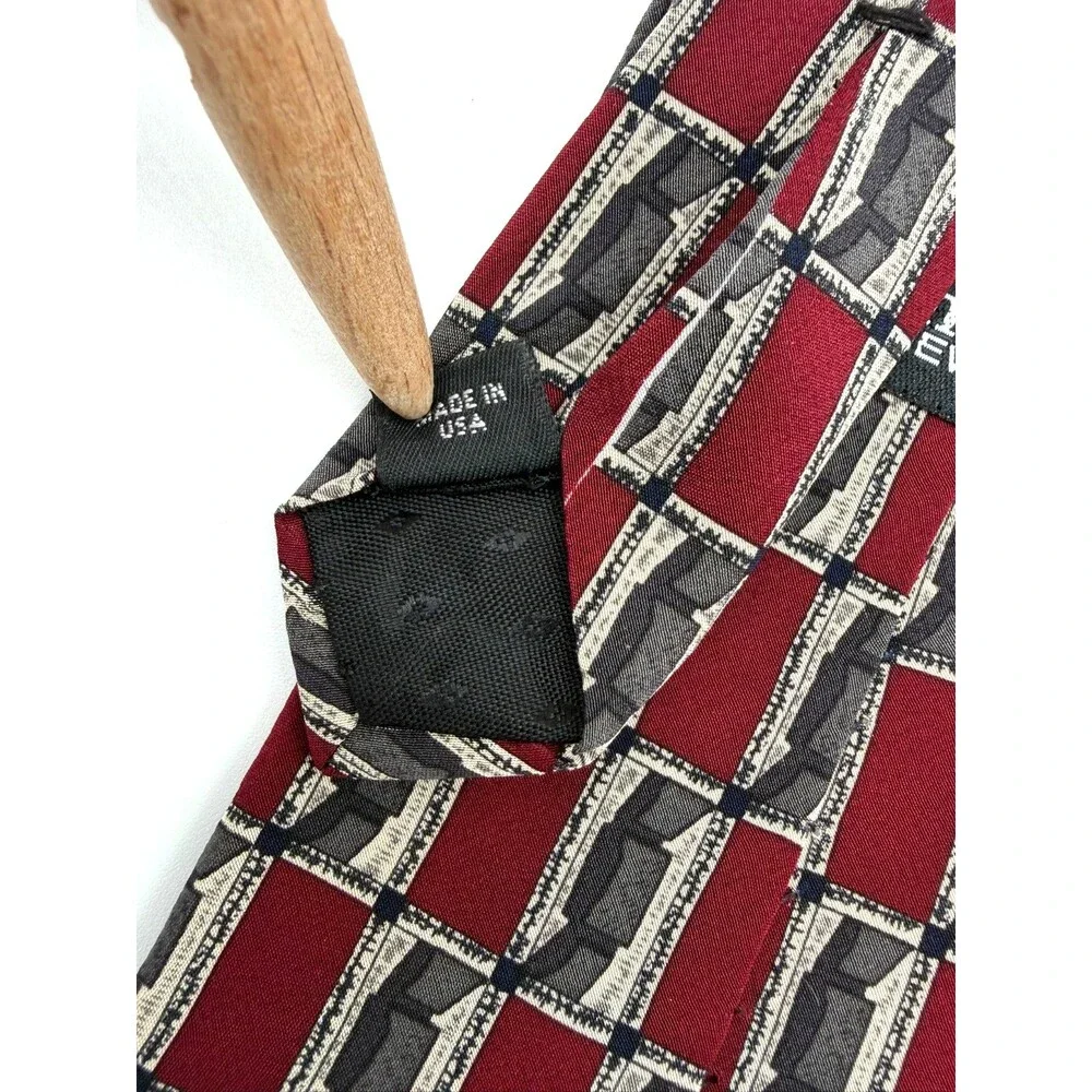 Kenneth Cole New York Silk Tie Burgundy Red Gray Geometric Abstract Vintage